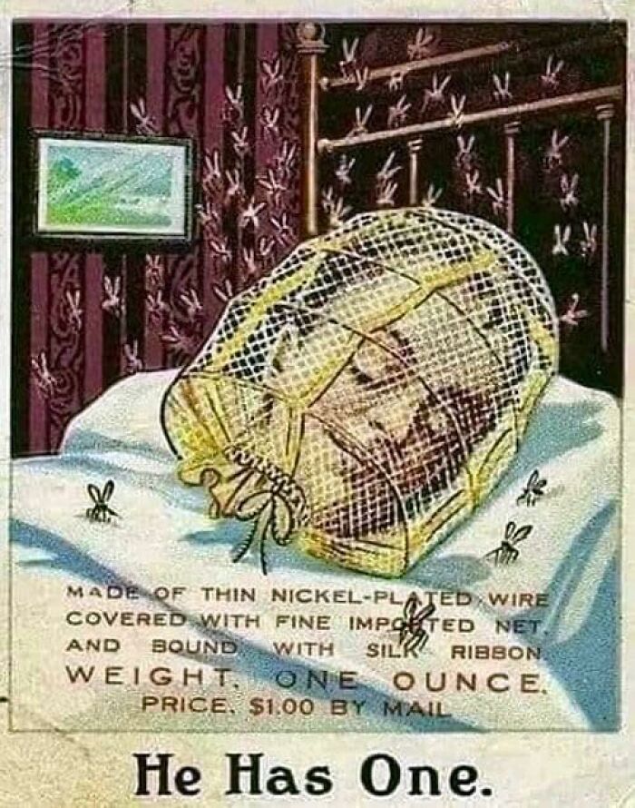 Mosquitero vintage con diseño extraño ilustrando anuncios antiguos y normas culturales cambiantes.
