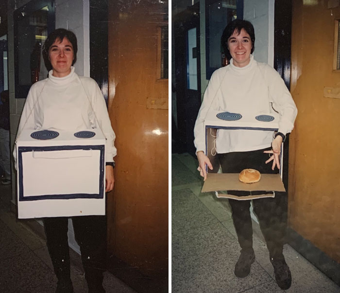 Mujer con disfraz casero de cocina, demostrando humor ingenioso y creatividad en su atuendo divertido.