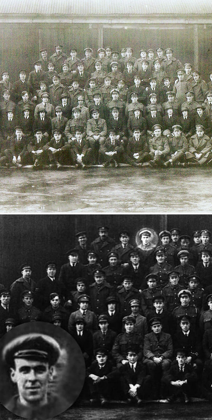 Gran grupo de hombres en uniforme militar en foto antigua real y explicaciones desconocidas hasta hoy.