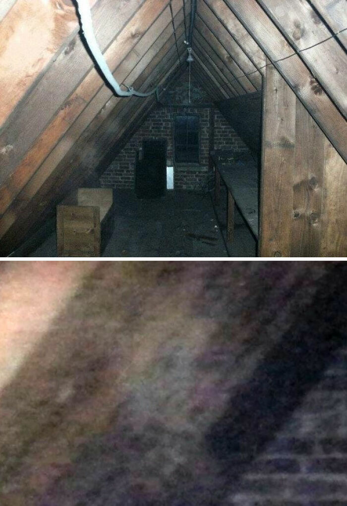 Ático oscuro con vigas de madera y fondo de ladrillo, foto real que permanece sin explicación hasta hoy.