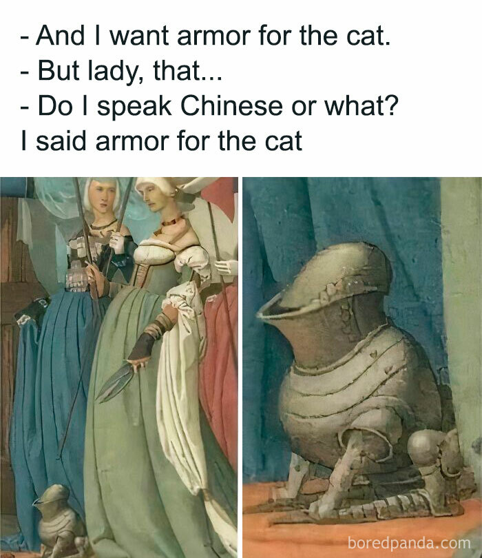 Gato medieval con armadura en pintura antigua, imagen divertida de gato en estilo medieval humorístico.