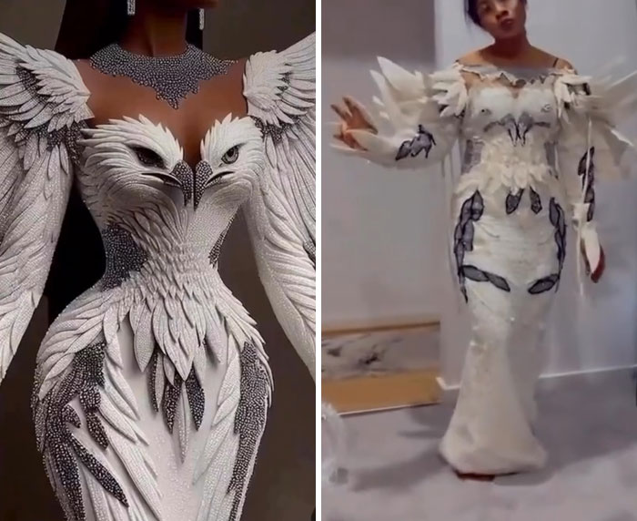 Vestidos con diseños inesperados y detallados que ilustran experiencias divertidas de recibir no lo que se había ordenado.
