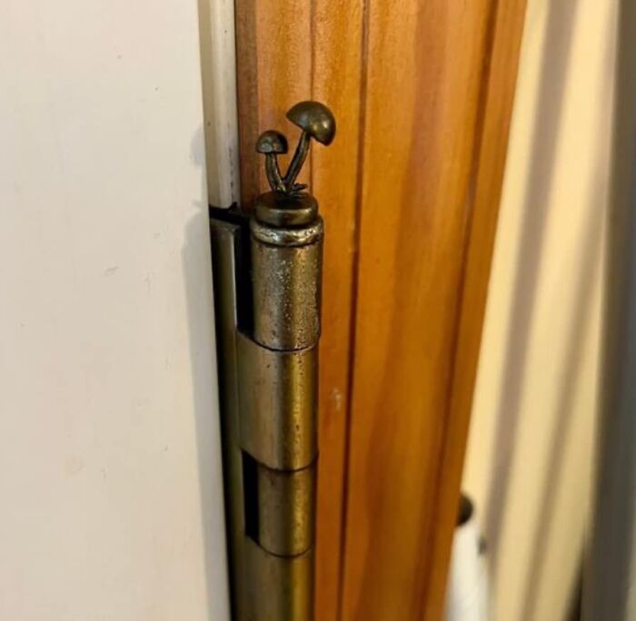 Bisagra de puerta con figuras de setas metálicas en la parte superior, un hallazgo extraño irresistible online.
