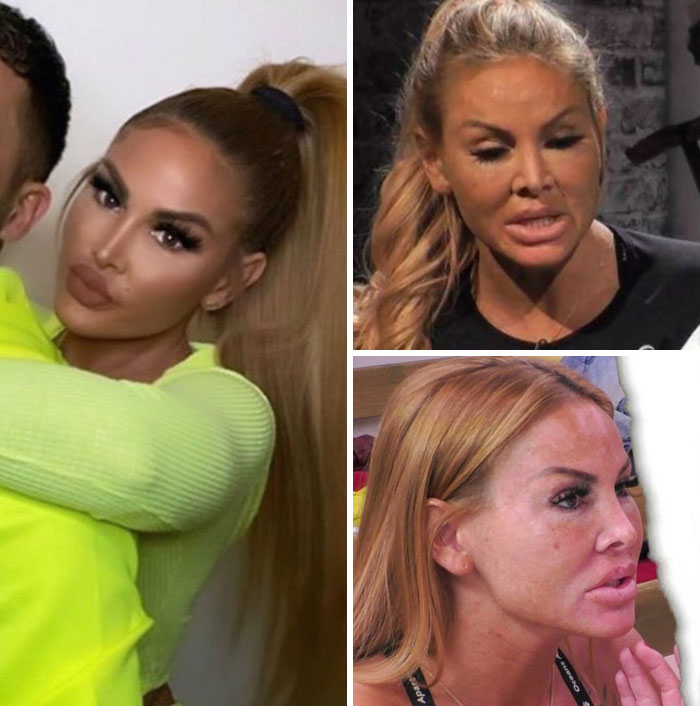 Mujer con maquillaje exagerado y fotos falsas que muestran desconexión de la realidad en redes sociales.