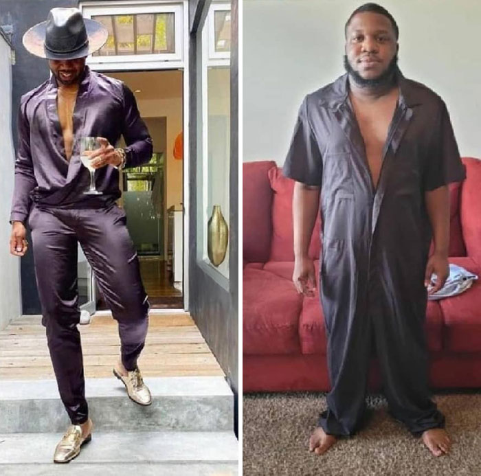 Hombre con ropa elegante comprada en línea versus el producto real recibido en experiencias divertidas y equivocadas de pedidos.