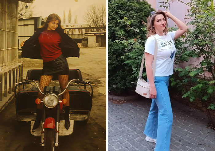 Mujer joven posando con estilo junto a una moto clásica, mostrando actitud icónica en una foto de padres jóvenes.