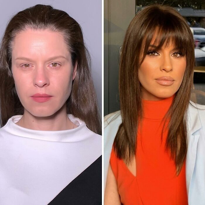 Transformación asombrosa de maquillaje antes y después, mostrando cambio espectacular realizado por estudio profesional.
