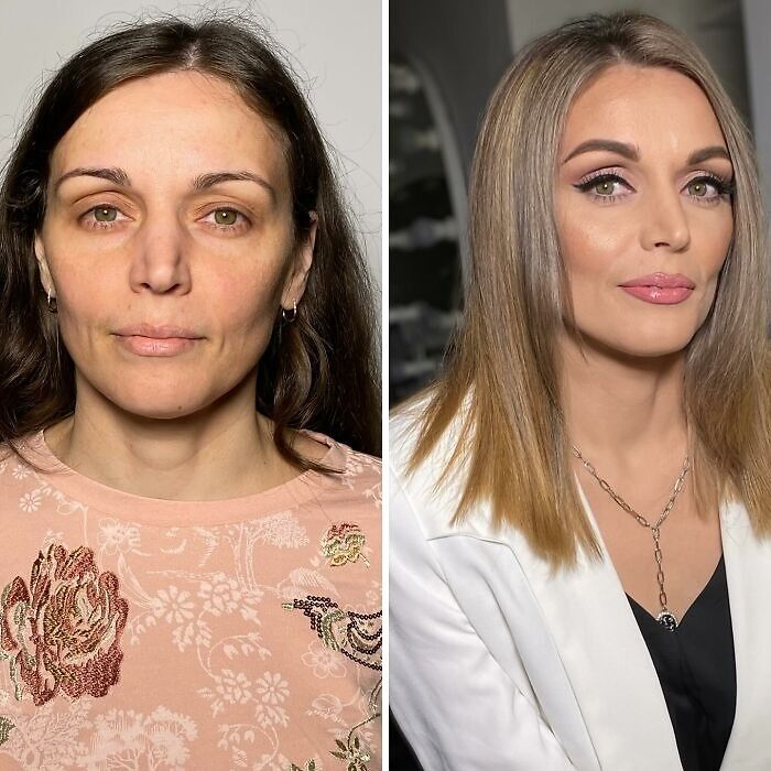 Mujer antes y después de transformación asombrosa con maquillaje profesional en estudio especializado.