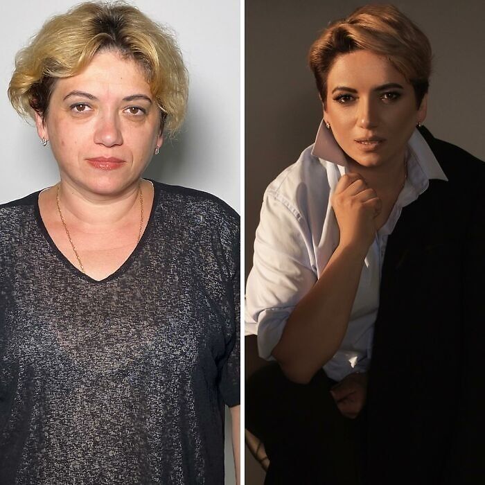 Transformación sorprendente de mujer con maquillaje profesional realizado por estudio de maquillaje, cambio antes y después.