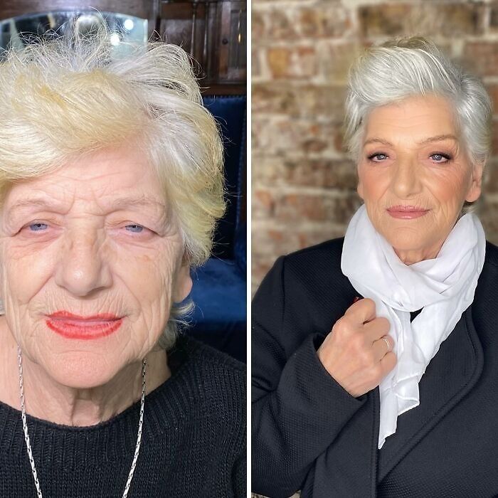 Transformación de maquillaje en mujer mayor mostrando resultados asombrosos de estudio experto en belleza y cambio de imagen.