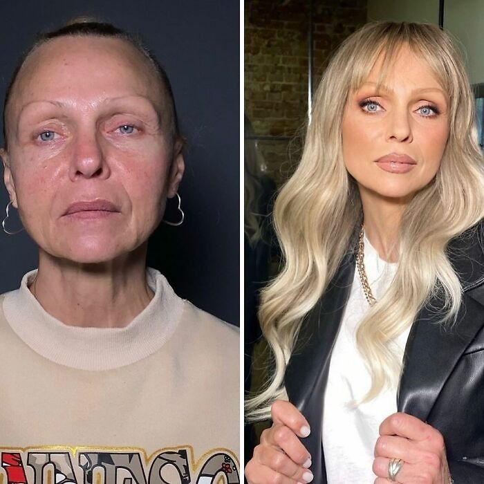 Transformación impresionante de maquillaje en mujer, mostrando antes y después con cambio de estilo y look completo.