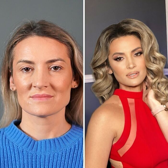 Transformación asombrosa de maquillaje mostrando antes y después con un look profesional y elegante realizado por estudio de maquillaje.