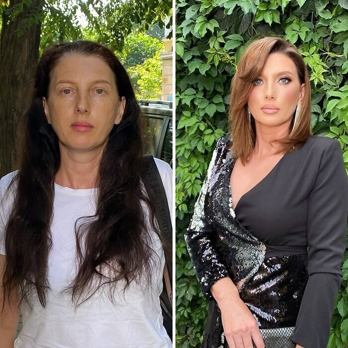 Transformación de maquillaje profesional mostrando un cambio asombroso en estilo y apariencia con efectos impactantes.