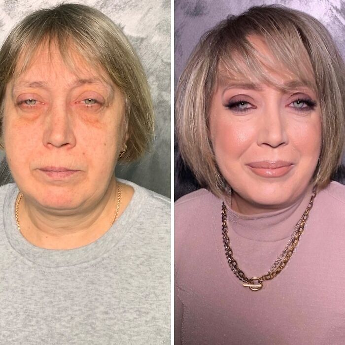 Transformación asombrosa de maquillaje antes y después en estudio profesional, destacando técnica y cambio facial impresionante.