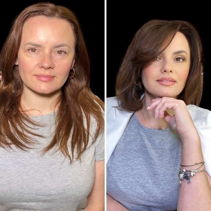 Transformación de maquillaje profesional mostrando un antes y después con cambios asombrosos en estilo y apariencia.