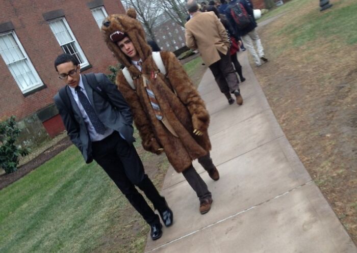 Hombre con uniforme gracioso de oso camina junto a otro con traje formal en campus universitario, ejemplo de uniformes hilarantes.