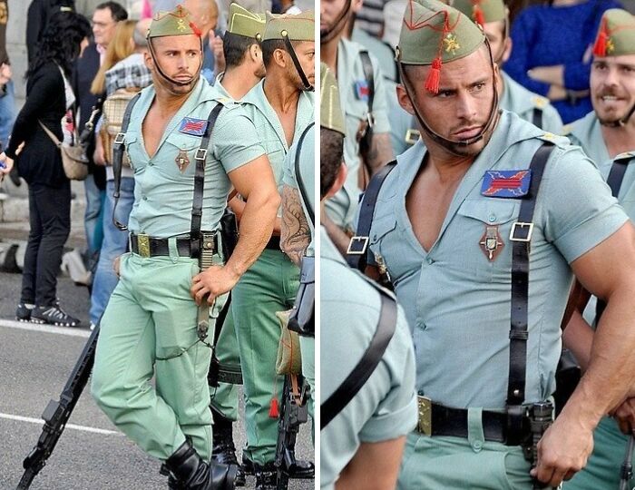 Hombres con uniformes militares ajustados y poco convencionales que causan sorpresa y dudas sobre su diseño.