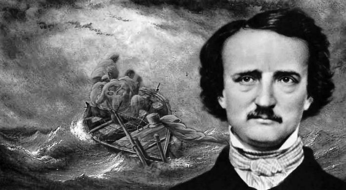 Retrato de Edgar Allan Poe con escena de barco a la deriva en mar tormentoso que evoca eventos reales escalofriantes compartidos online. Retrato de Edgar Allan Poe con escena de barco a la deriva en mar tormentoso que evoca eventos reales escalofriantes compartidos online.