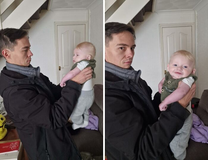 Padre sosteniendo a su bebé en momentos divertidos y emotivos de paternidad dentro del hogar, capturando ternura y alegría.