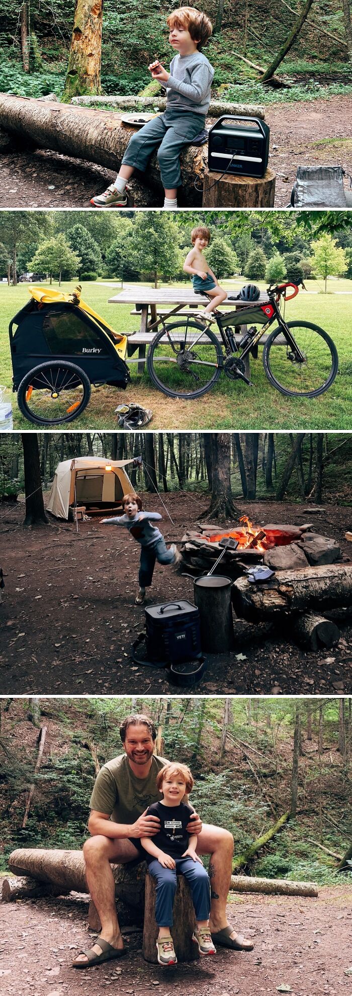 Niño y papá disfrutando momentos divertidos y conmovedores de la paternidad al aire libre en una experiencia de camping familiar.
