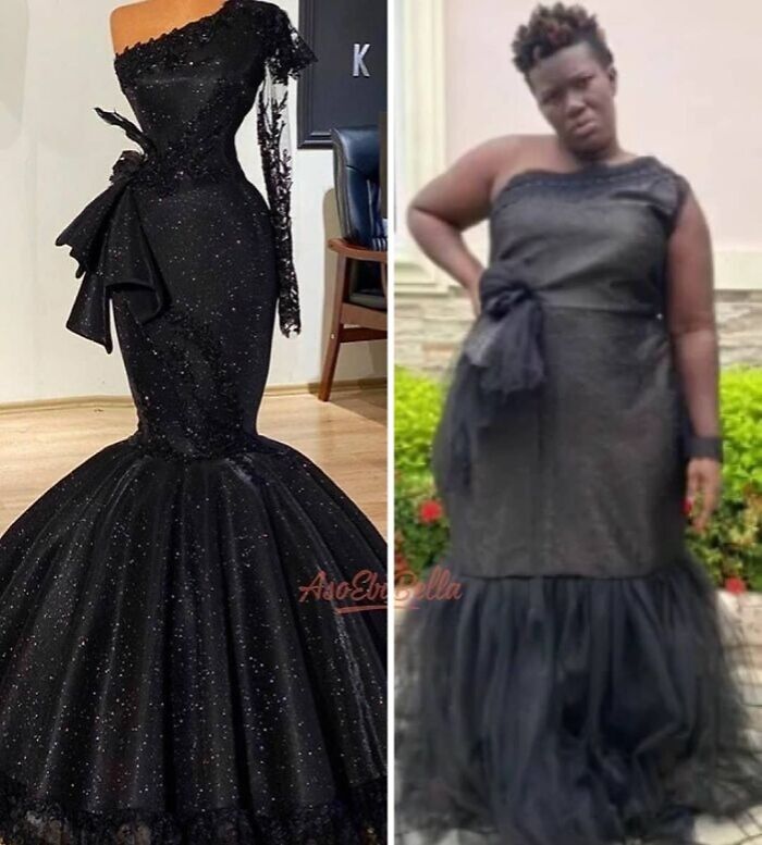 Mujer frente a vestido negro recibido, mostrando experiencia graciosa de no recibir lo pedido online.