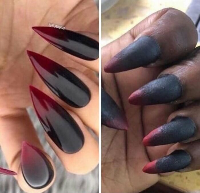 Uñas pintadas con diseño negro y rojo, comparación entre lo ordenado y la hilarante experiencia de lo recibido.