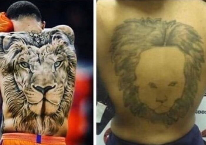 Tatuajes de león comparados, mostrando experiencias divertidas de personas que recibieron no lo que pidieron.