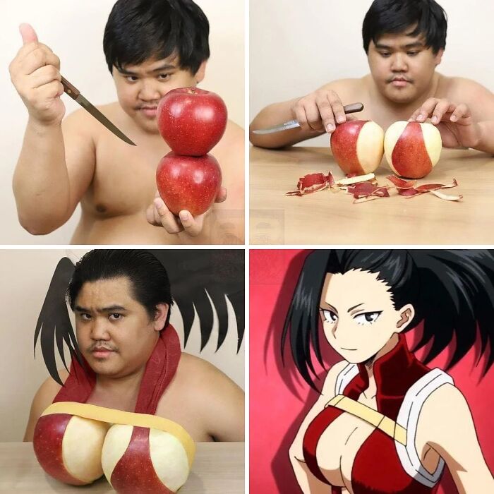 Hombre recreando una imagen con manzanas peladas de forma extraña, ejemplo de fotos raras que parecen santas y malditas.