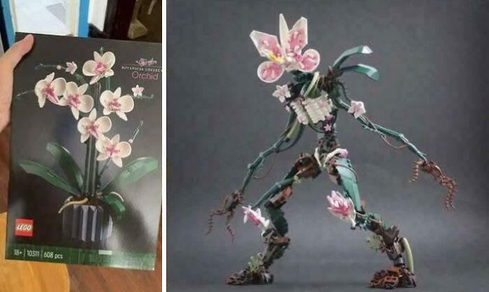 Flor de orquídea de LEGO transformada en figura extraña combinando aspecto sagrado y maldito, imagen única y curiosa.