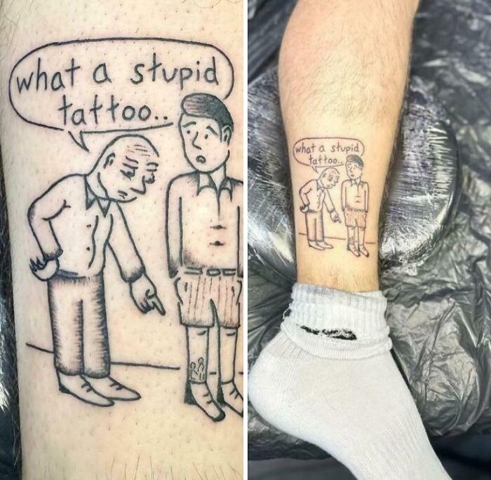 Tatuaje extraño y curioso en la pierna con dibujo y texto que genera sensación de imágenes raras y malditas a la vez.