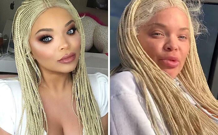 Comparación de personas fuera de la realidad usando fotos falsas con maquillaje y sin maquillaje mostrando diferencia notable.