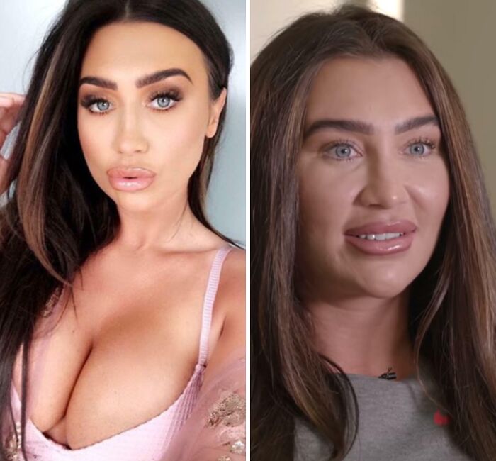 Mujer con fotos falsas mostrando diferencias evidentes entre imagen editada y realidad desenfocada.