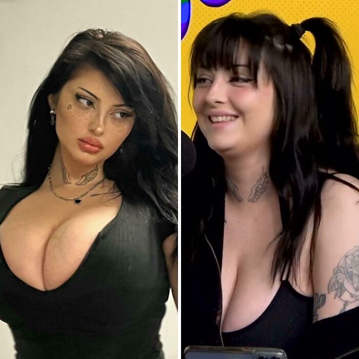 Mujer con fotos falsas y apariencia muy diferente en dos imágenes, ejemplo de personas fuera de la realidad.