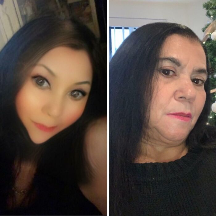 Mujer mostrando fotos falsas en comparación de antes y después, ejemplo de personas fuera de la realidad con imágenes engañosas.