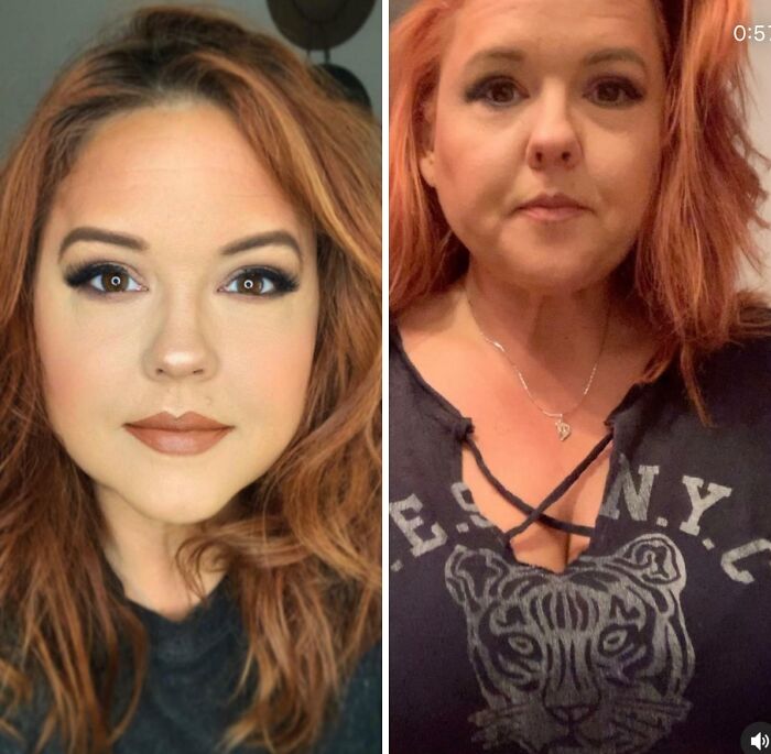 Mujer con maquillaje y apariencia retocada junto a foto natural, ejemplo de personas con fotos falsas fuera de la realidad.