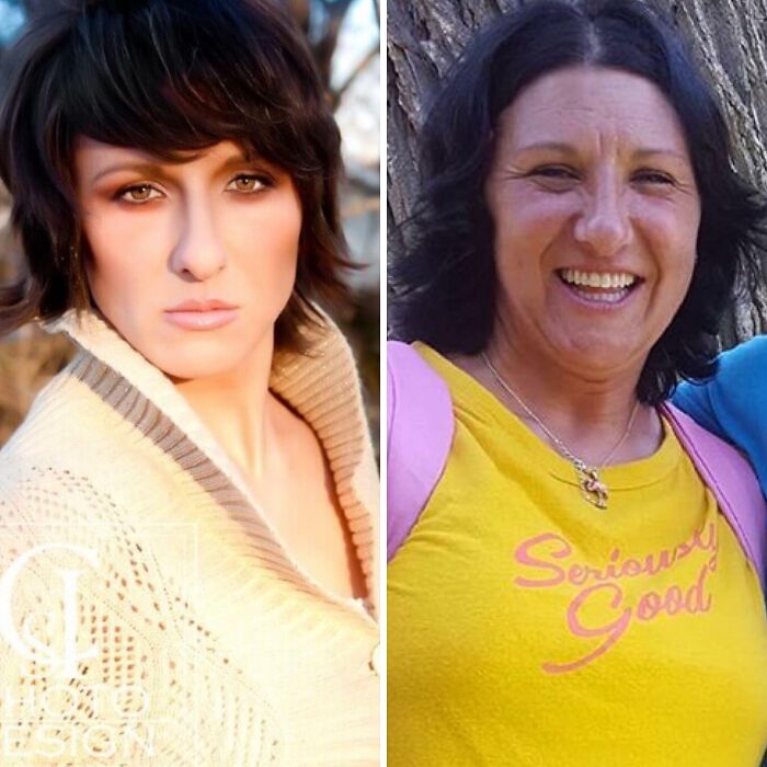 Dos mujeres con apariencia diferente en fotos falsas mostradas en ejemplos de personas fuera de contacto con la realidad.