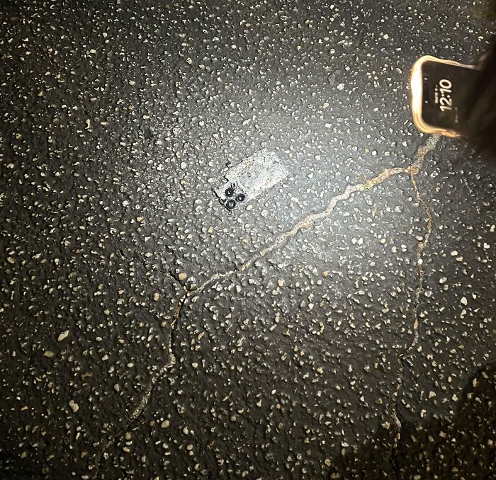 Teléfono móvil caído en el suelo con fondo de asfalto rugoso, ejemplo de fotos de vacaciones que no salieron bien.