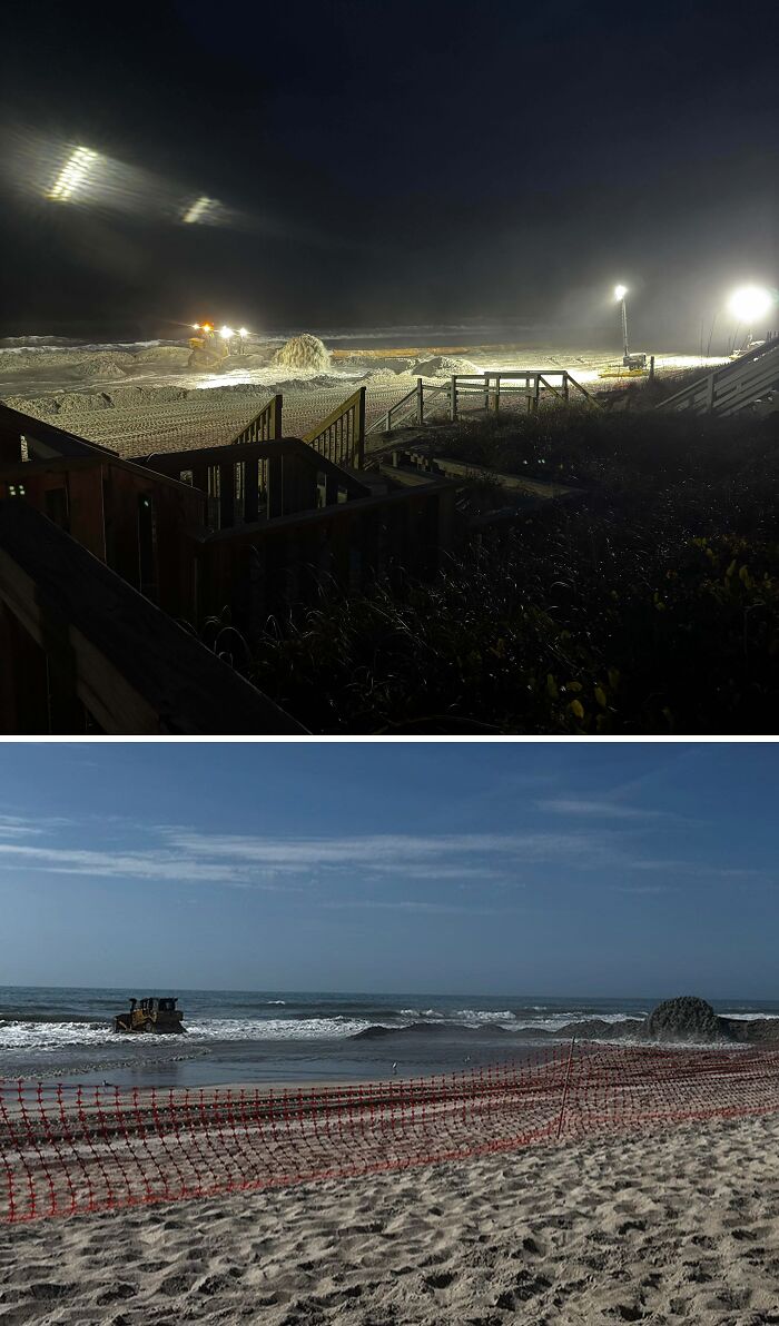 Maquinaria pesada en playa de noche y día con mala visibilidad, ejemplo claro de fotos de vacaciones fallidas.
