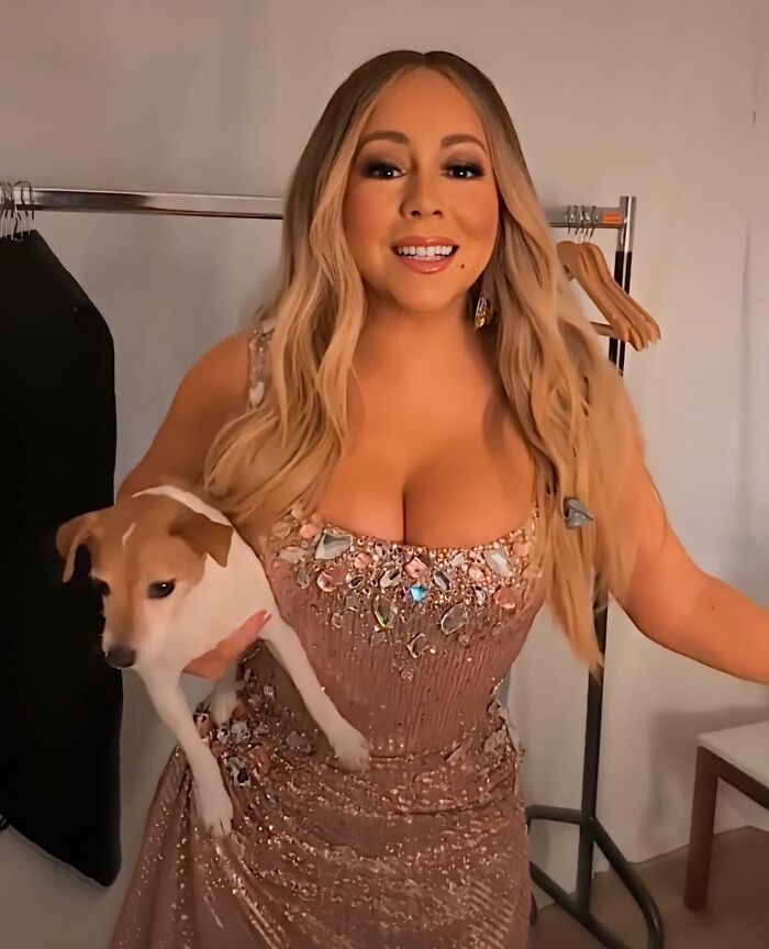 Influencer con vestido brillante sostiene un perro pequeño en un vestidor mostrando decisiones de influencers divertidas.