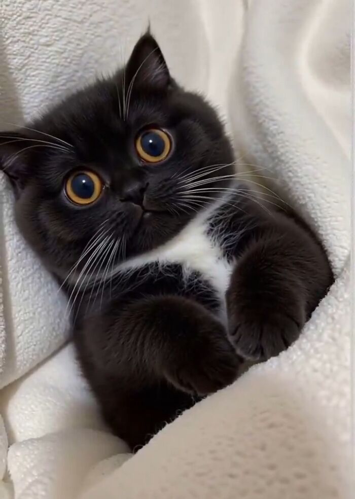 Gato negro con aura poderosa, ojos grandes y expresivos abrazado en una manta blanca, mostrando ternura y misterio.