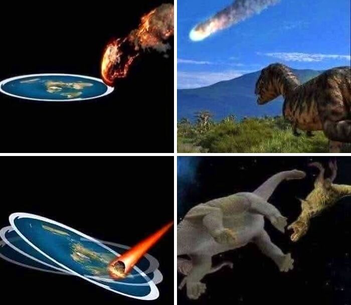 Montaje dividido muestra meteoro impactando Tierra plana y dinosaurios en escenas ficticias de ciencia falsa viral online.