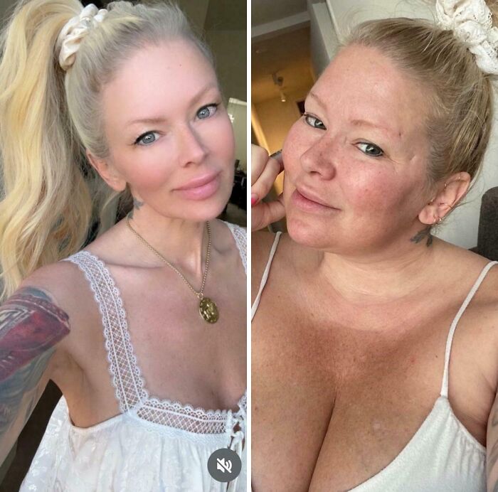 Mujer mostrando diferencia entre fotos retocadas y sin editar, ejemplo de personas fuera de la realidad con fotos falsas.