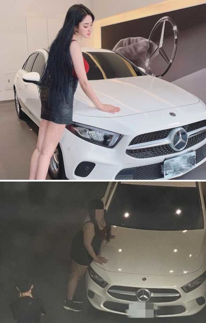 Mujer posando con coche Mercedes blanco en fotos falsas mostrando desconexión con la realidad.