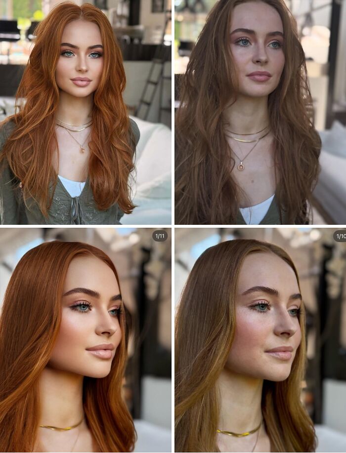 Collage de mujer con cabello rojo en fotos comparativas que muestran diferencias entre fotos reales y fotos falsas.