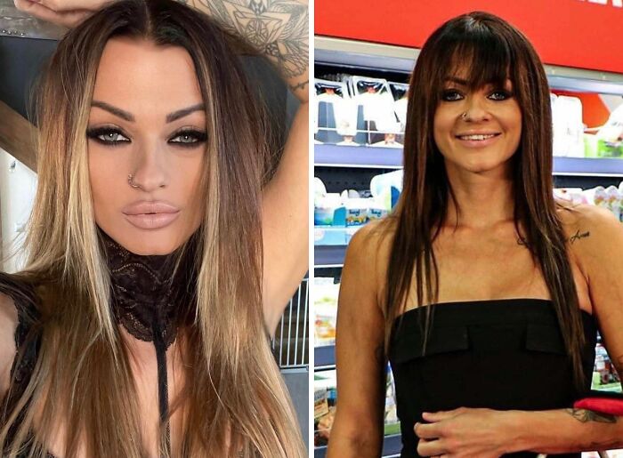 Dos mujeres con maquillaje y peinados distintos, ejemplo de personas fuera de la realidad con fotos falsas.
