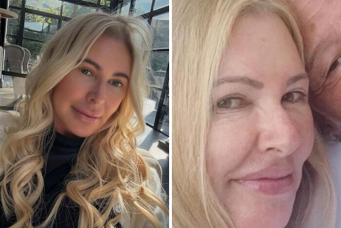 Mujer rubia con cabello rizado posando para fotos, ejemplo de personas fuera de la realidad con fotos falsas.