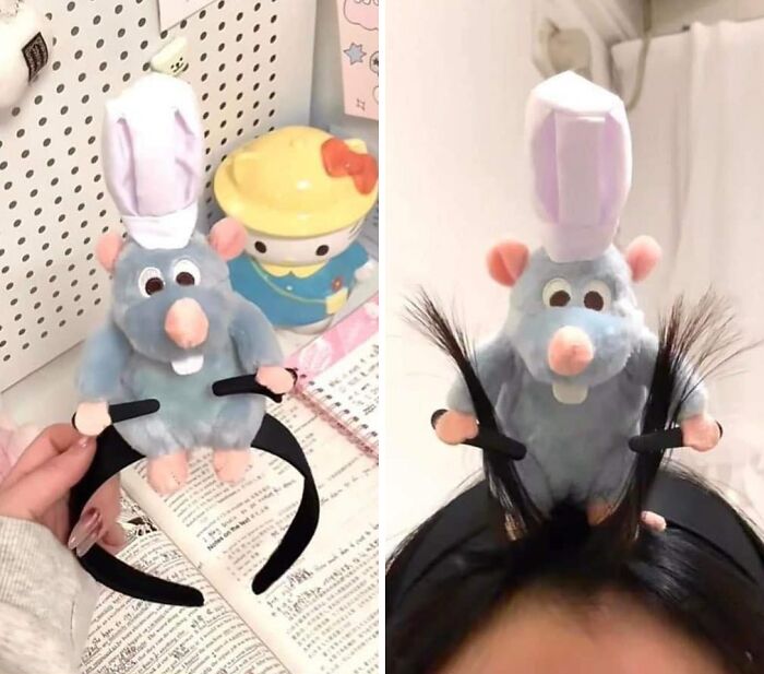 Diadema con rata cocinera de peluche, uno de los objetos ridículamente irresistibles encontrados online.