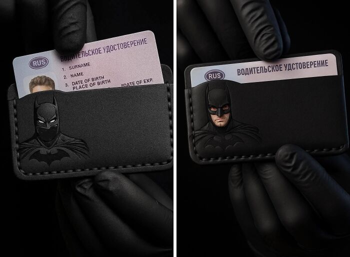 Billetera negra con diseño de Batman, guantes negros y tarjeta rusa, inversión irresistible y única encontrada en línea.