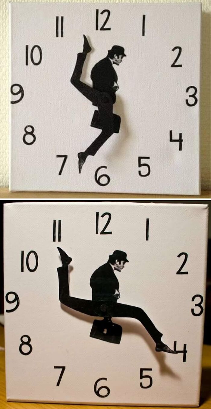 Reloj creativo con figura humana en movimiento, ejemplo de las cosas ridículamente irresistibles que se encuentran online.