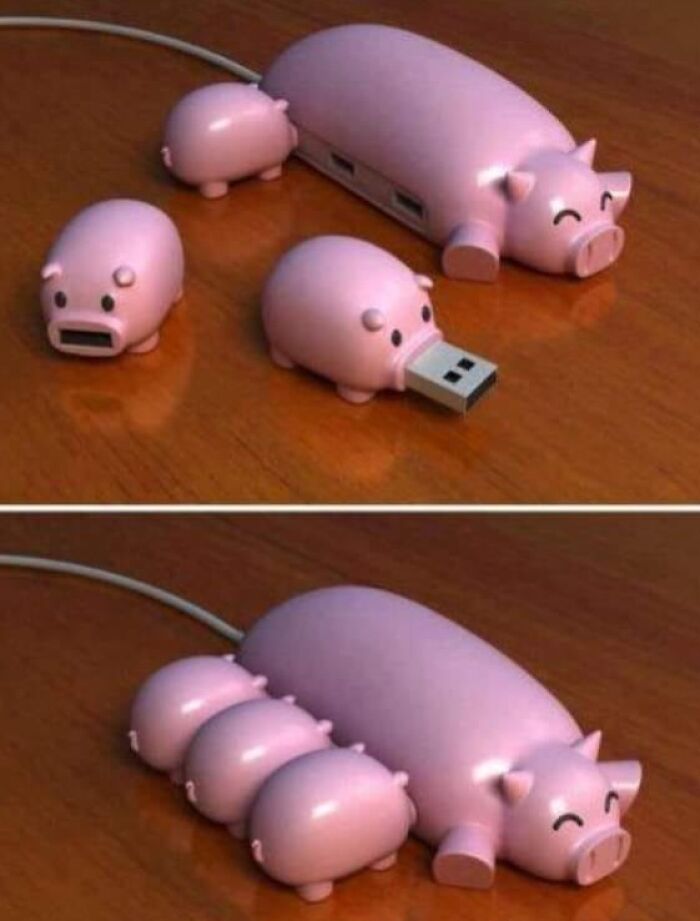 Juego de memorias USB con forma de cerditos rosados, accesorios tecnológicos irresistibles y únicos encontrados en línea.